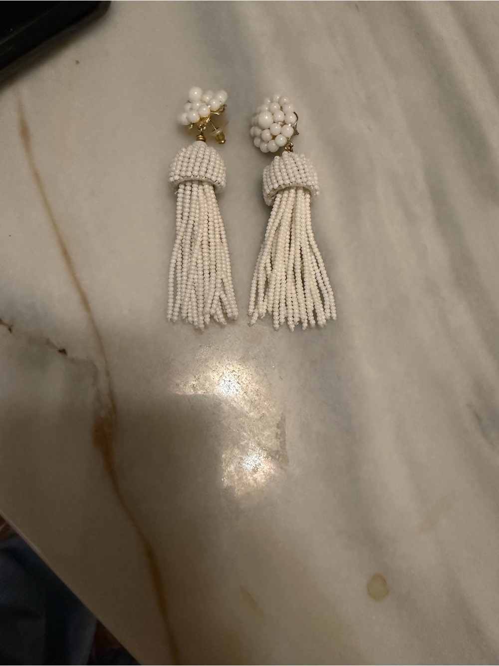 White Beaded Tassel Drop Earrings. Like new. Never worn. 3.5” long.